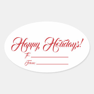 Happy Holidays red white to from blank script cute Oval Sticker