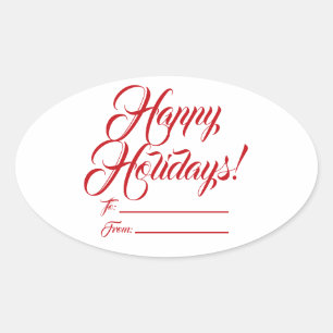 Happy Holidays red white to from blank script cute Oval Sticker