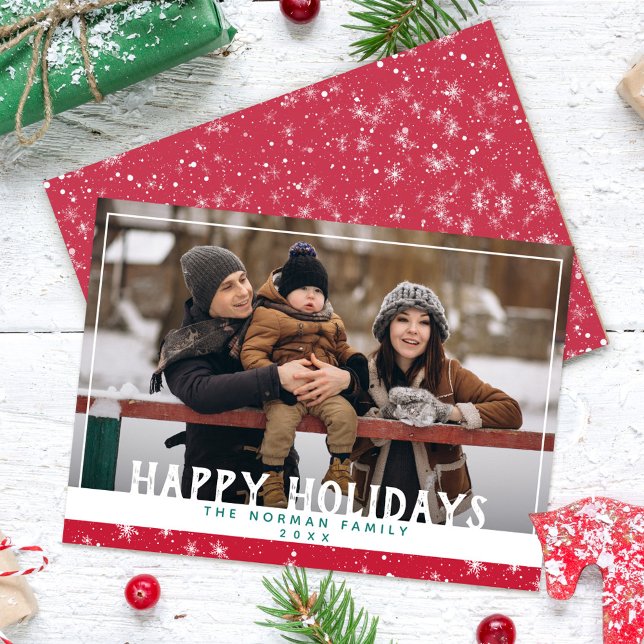 Happy Holidays Red White Winter Snowflake Photo Holiday Card (Creator Uploaded)