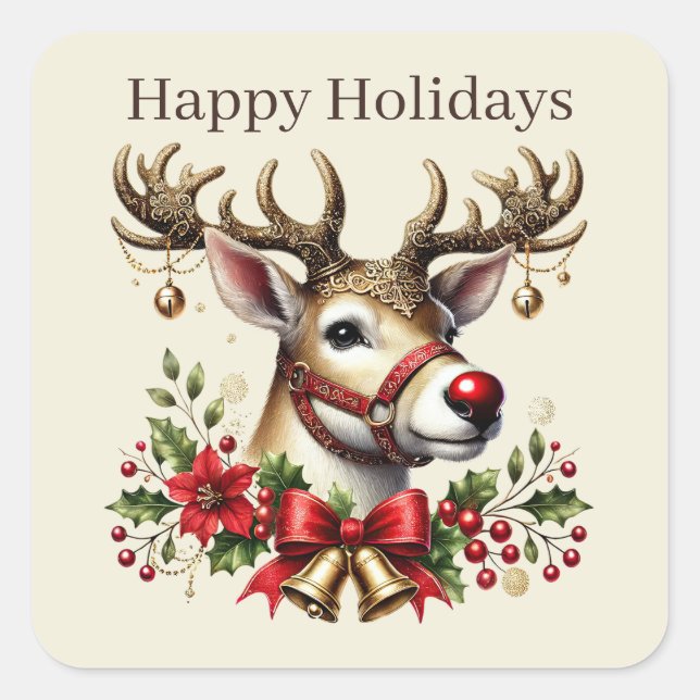 Happy Holidays reindeer add text  Christmas Square Sticker (Front)