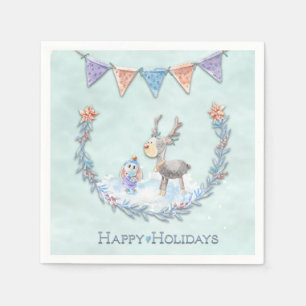 Happy Holidays Reindeer Bunny Wreath Snow Scene Napkins