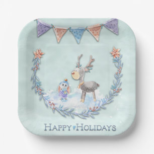 Happy Holidays Reindeer Bunny Wreath Snow Scene Paper Plates