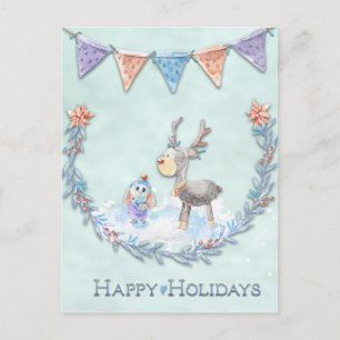 Happy Holidays Reindeer Bunny Wreath Snow Scene    Postcard