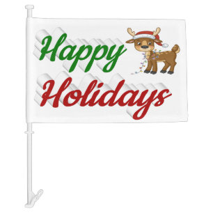 Happy Holidays Reindeer Christmas script Car Flag
