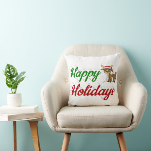Happy Holidays Reindeer Christmas script  Throw Pillow