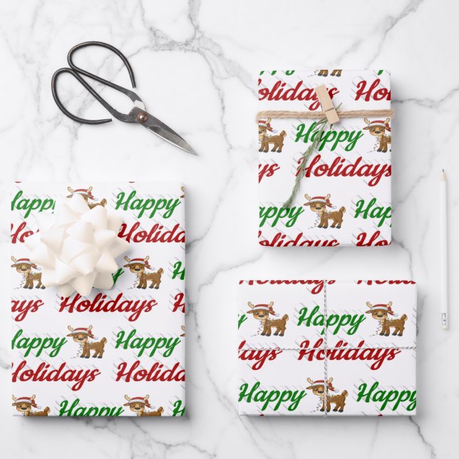 Happy Holidays Reindeer Christmas script  Wrapping Paper Sheets (Front)