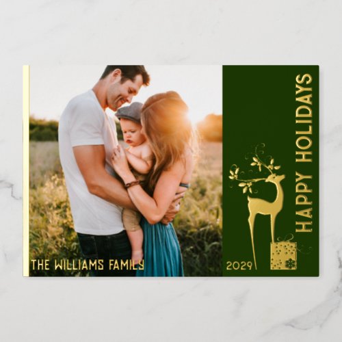 Happy Holidays Reindeer Family Photo Gold Foil Holiday Card