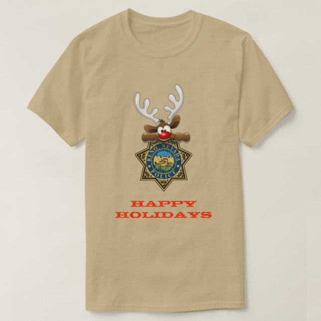 Happy Holidays Reindeer Reno Nevada Police T-Shirt (Design Front)