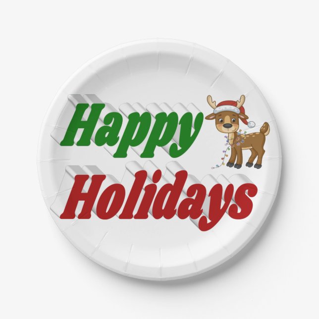 Happy Holidays Reindeer typography Christmas  Paper Plates (Front)