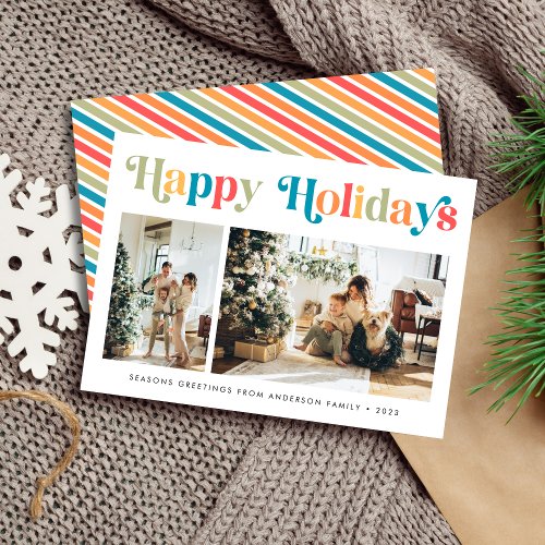 Happy Holidays Retro Colorful Two Photo Christmas Holiday Card