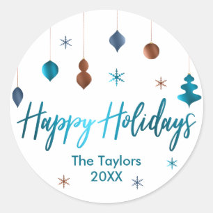 Happy Holidays Retro Teal Copper Navy Decor Classic Round Sticker