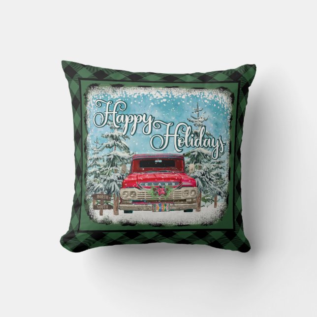 Happy Holidays Retro Truck Throw Pillow (Front)