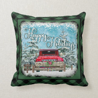 Happy Holidays Retro Truck Throw Pillow
