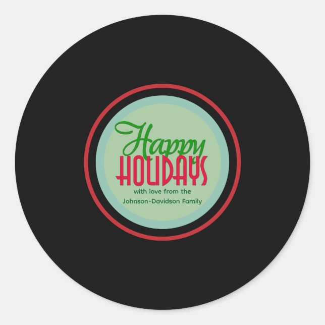 Happy Holidays Retro Tunes Gift & Envelope Classic Round Sticker (Front)