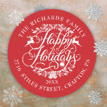 Happy Holidays Return Address Elegant Christmas Classic Round Sticker<br><div class="desc">Festive classic Happy Holidays return address labels to personalize with your message,  year,  family name and address details. You can customize the background color to match your holiday theme. Designed by Thisisnotme©</div>