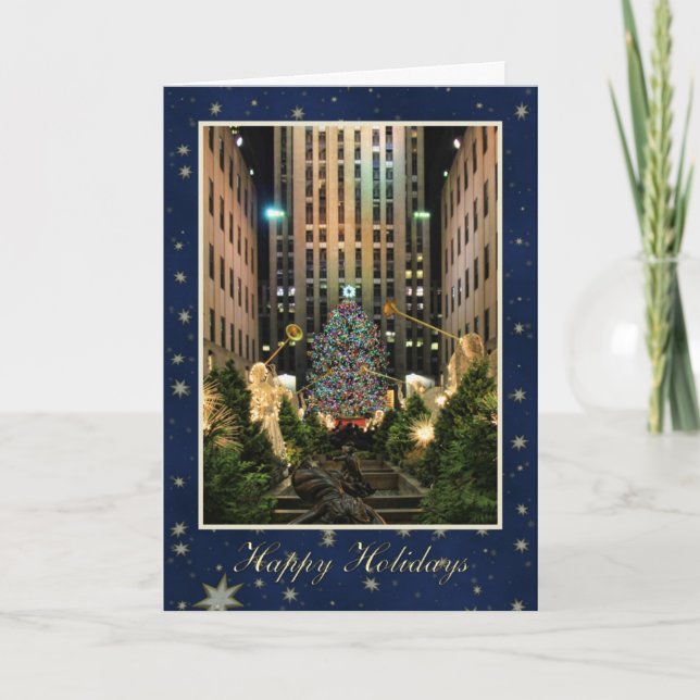 Happy Holidays: Rock Center, Blue Starry Sky Holiday Card (Front)