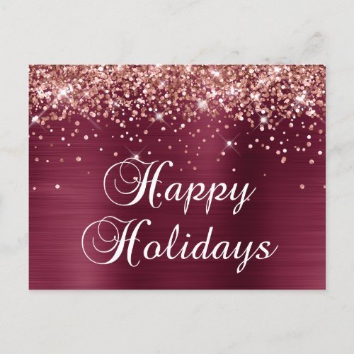 Happy Holidays Rose Gold Glitter Burgundy Red Foil Holiday Postcard