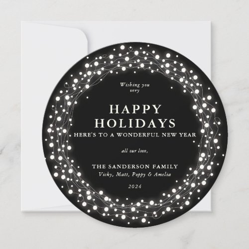 Happy Holidays Round Black Sparkling Lights Holiday Card