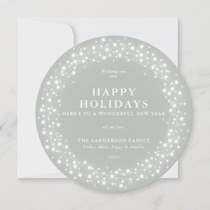 Happy Holidays Round Gray-Green Sparkling Lights Holiday Card