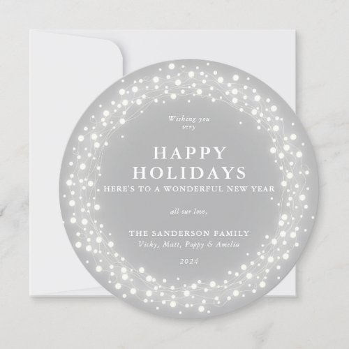 Happy Holidays Round Gray Sparkling Lights Holiday Card