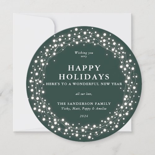 Happy Holidays Round Green Sparkling Lights Holiday Card