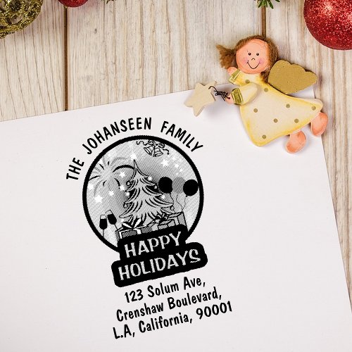 Happy Holidays Rustic Bold Family  Return Address  Rubber Stamp