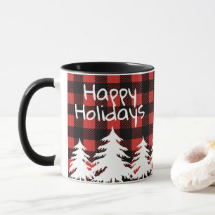 Happy Holidays Rustic Buffalo Plaid & White Trees Mug