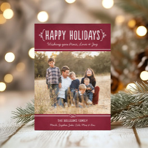 Happy Holidays Rustic Burgundy Family Photo Holiday Card