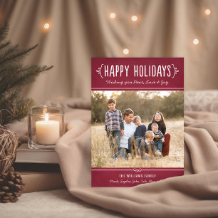 Happy Holidays Rustic Burgundy Family Photo Holiday Card