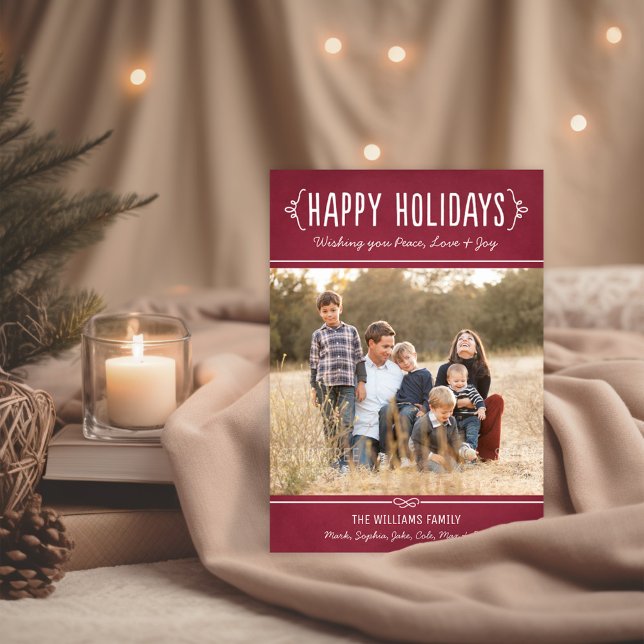 Happy Holidays Rustic Burgundy Family Photo Holiday Card (Creator Uploaded)
