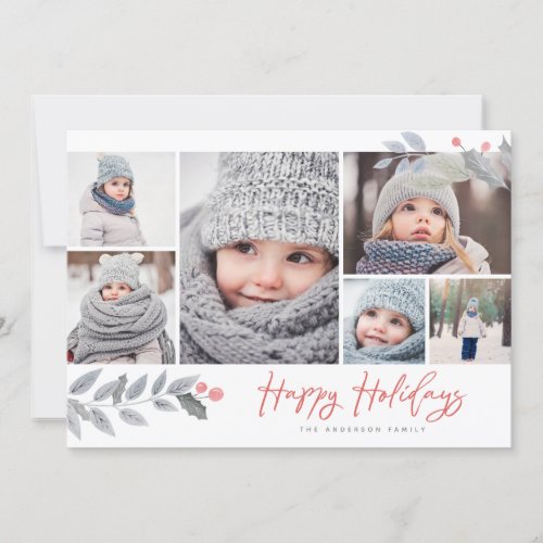 Happy Holidays Rustic Floral Multi_Photo Collage Holiday Card