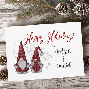 Happy Holidays Rustic Gnomes in Red Buffalo Plaid Holiday Card
