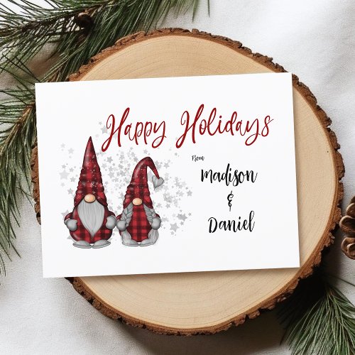 Happy Holidays Rustic Gnomes in Red Buffalo Plaid Holiday Postcard