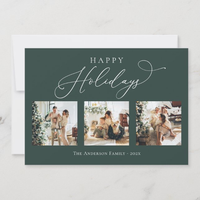 Happy Holidays Rustic Green Multi Photo Collage Holiday Card (Front)