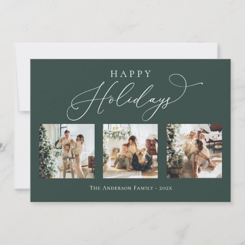 Happy Holidays Rustic Green Multi Photo Collage Holiday Card