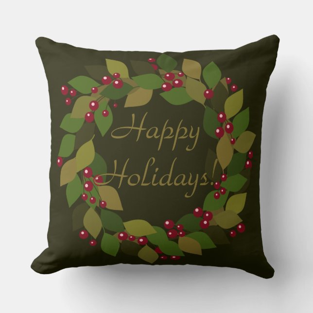 Happy Holidays! | Rustic Green Wreath Throw Pillow (Front)