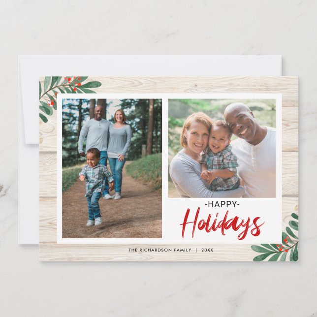 Happy Holidays Rustic Greenery 2 Photos Christmas Holiday Card (Front)