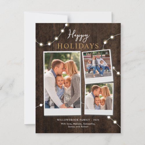 Happy Holidays Rustic Photo Collage Fairy Lights Note Card