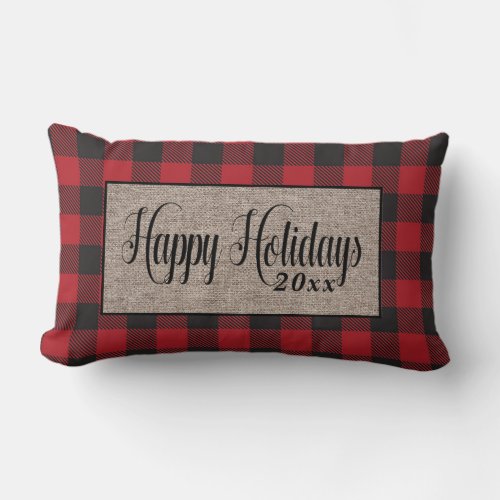 Happy Holidays Rustic Red Buffalo Plaid Burlap Lumbar Pillow