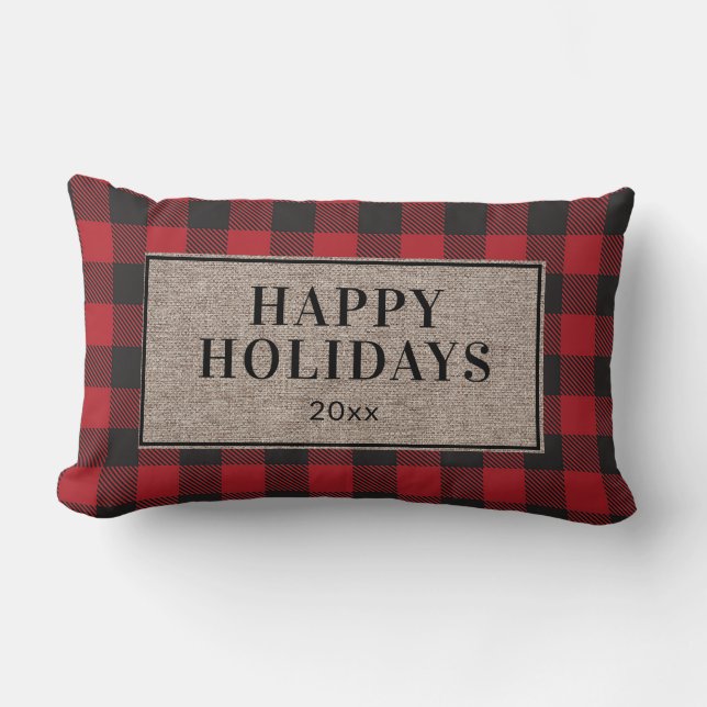 Happy Holidays Rustic Red Buffalo Plaid Burlap Lumbar Pillow (Front)