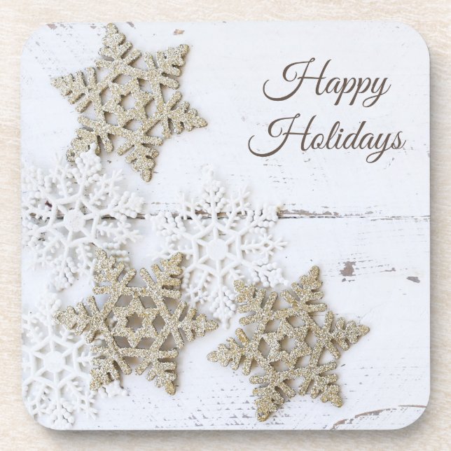 Happy Holidays Rustic White Snowflakes Beverage Coaster (Front)