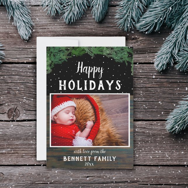 Happy Holidays Rustic Wood Modern Christmas Photo Holiday Card (Creator Uploaded)