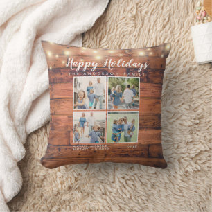 Happy Holidays Rustic Wood String Lights Photo Throw Pillow
