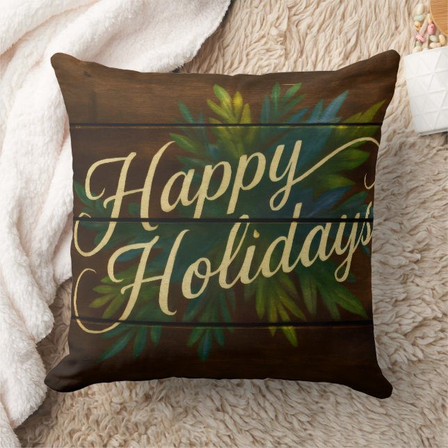 Happy Holidays Rustic Wooden Boards Painted Blue Throw Pillow (Blanket)