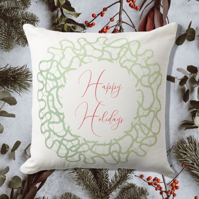 Happy Holidays rustic wreath green white red  Throw Pillow (Creator Uploaded)
