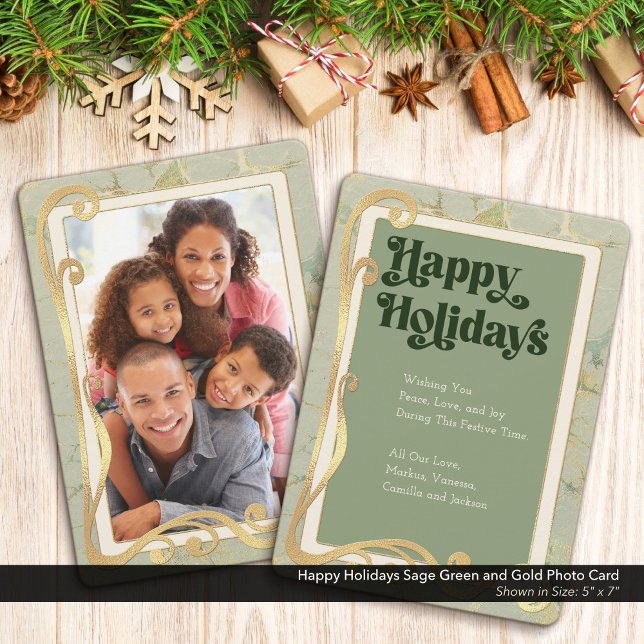 Happy Holidays Sage Green and Gold Photo Card (Happy Holidays, Sage Green and Gold Holiday Photo Greeting Card)