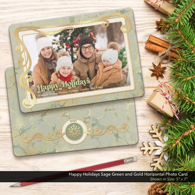 Happy Holidays Sage Green & Gold Photo Card (Happy Holidays Photo Card with a Touch of Vintage Whimsy and Peaceful Sage Green & Gold Colors.)