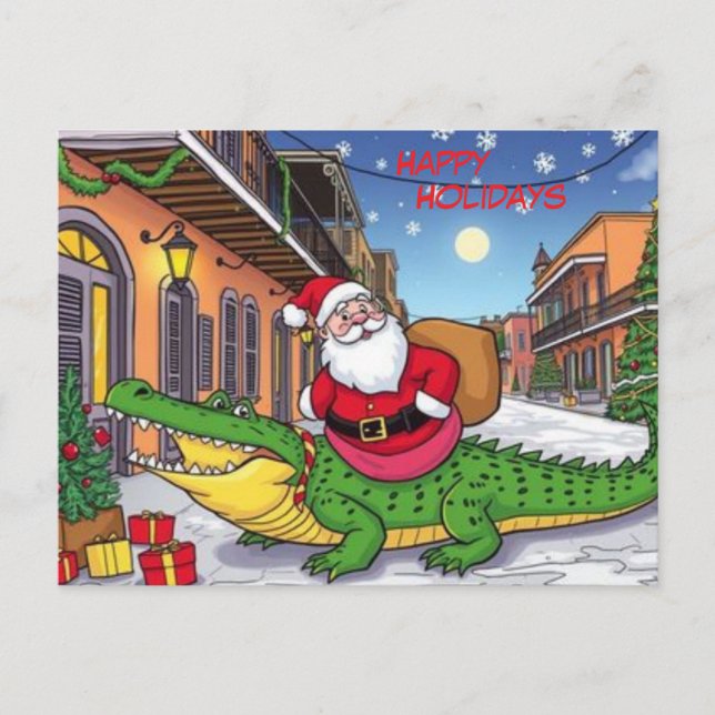 Happy Holidays Santa And Alligator French Quarter Postcard (Front)