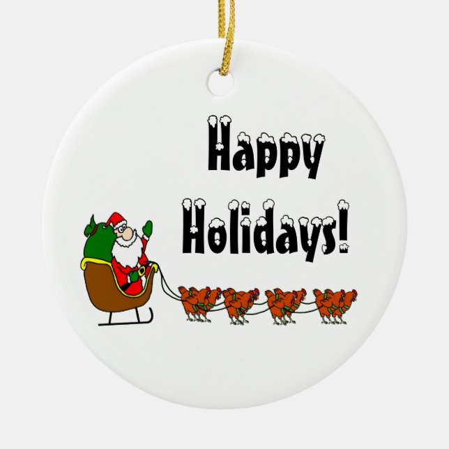 Happy Holidays Santa and Chickens Ceramic Ornament (Front)