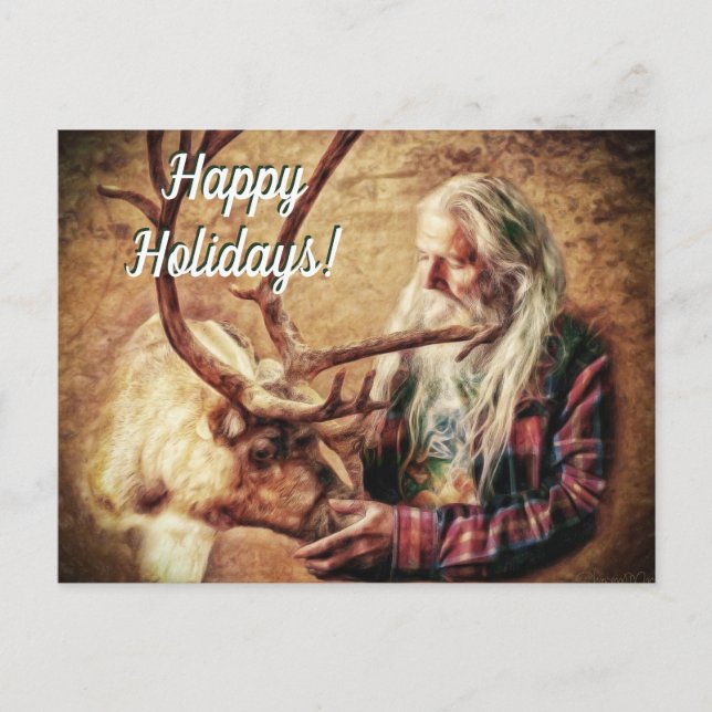 Happy Holidays Santa and Reindeer by Shawna Mac Holiday Postcard (Front)